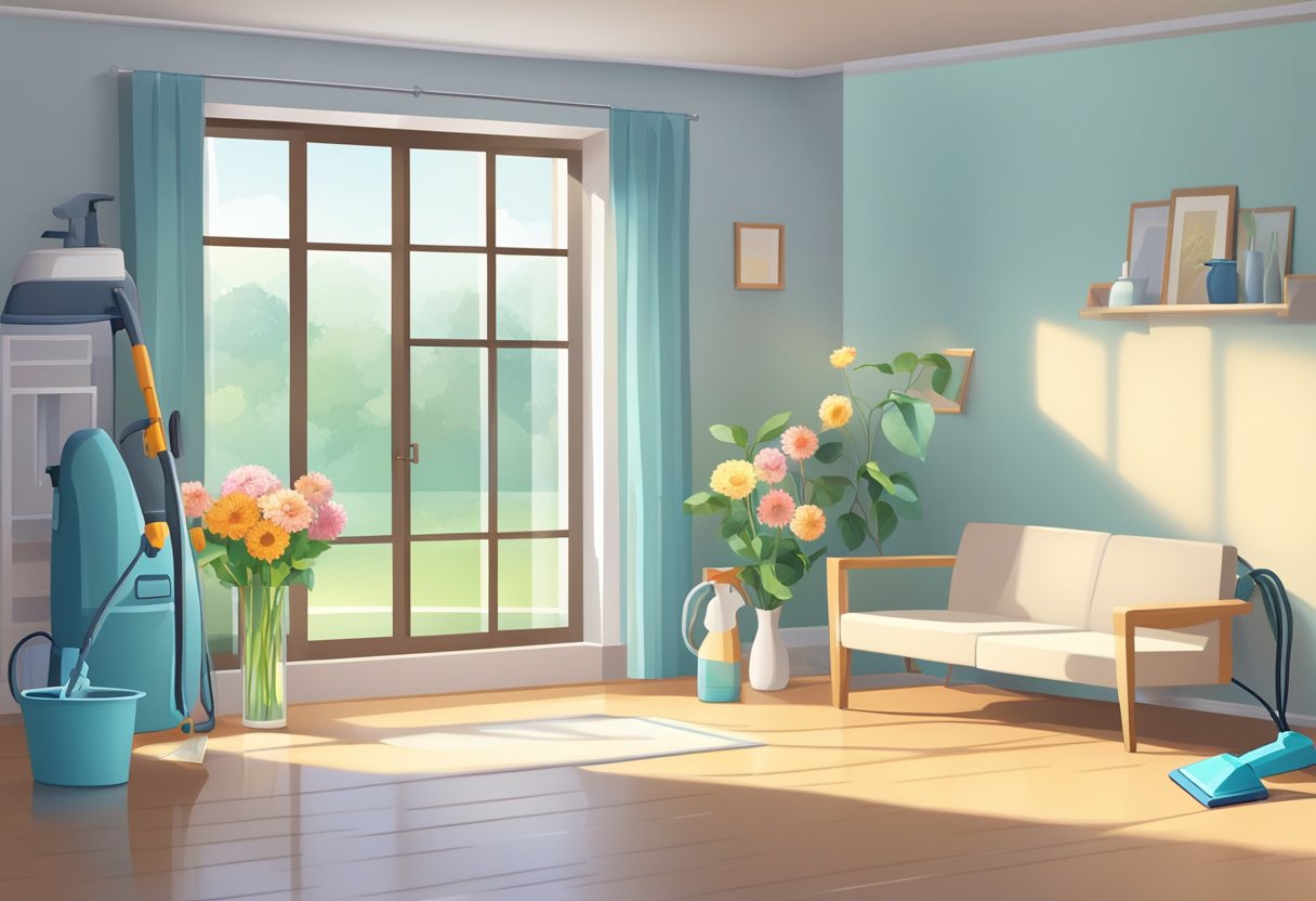 A bright, sunlit room with open windows, a vase of fresh flowers, and sparkling clean surfaces. A vacuum and mop are neatly stored in a corner, ready for use
