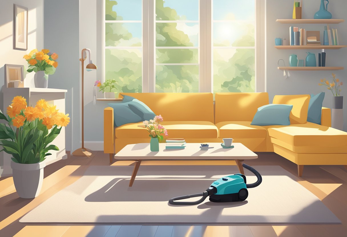 A bright, tidy living room with sunlight streaming in through the windows. A vacuum cleaner and mop sit in the corner, ready for use. A vase of fresh flowers adds a pop of color to the space