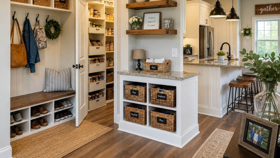 Organized Buford, Georgia home interior featuring a DIY entryway drop zone, floating shelves, woven storage baskets, and a tidy kitchen pantry with pull-out organizers in a warm, family-friendly space.