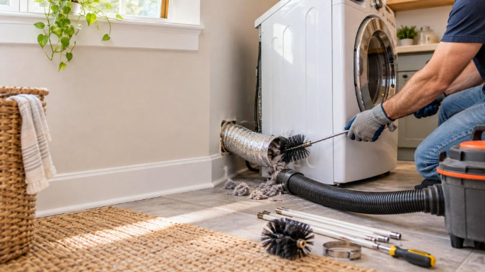 Dryer vent being cleaned with a brush and vacuum in a residential laundry room.